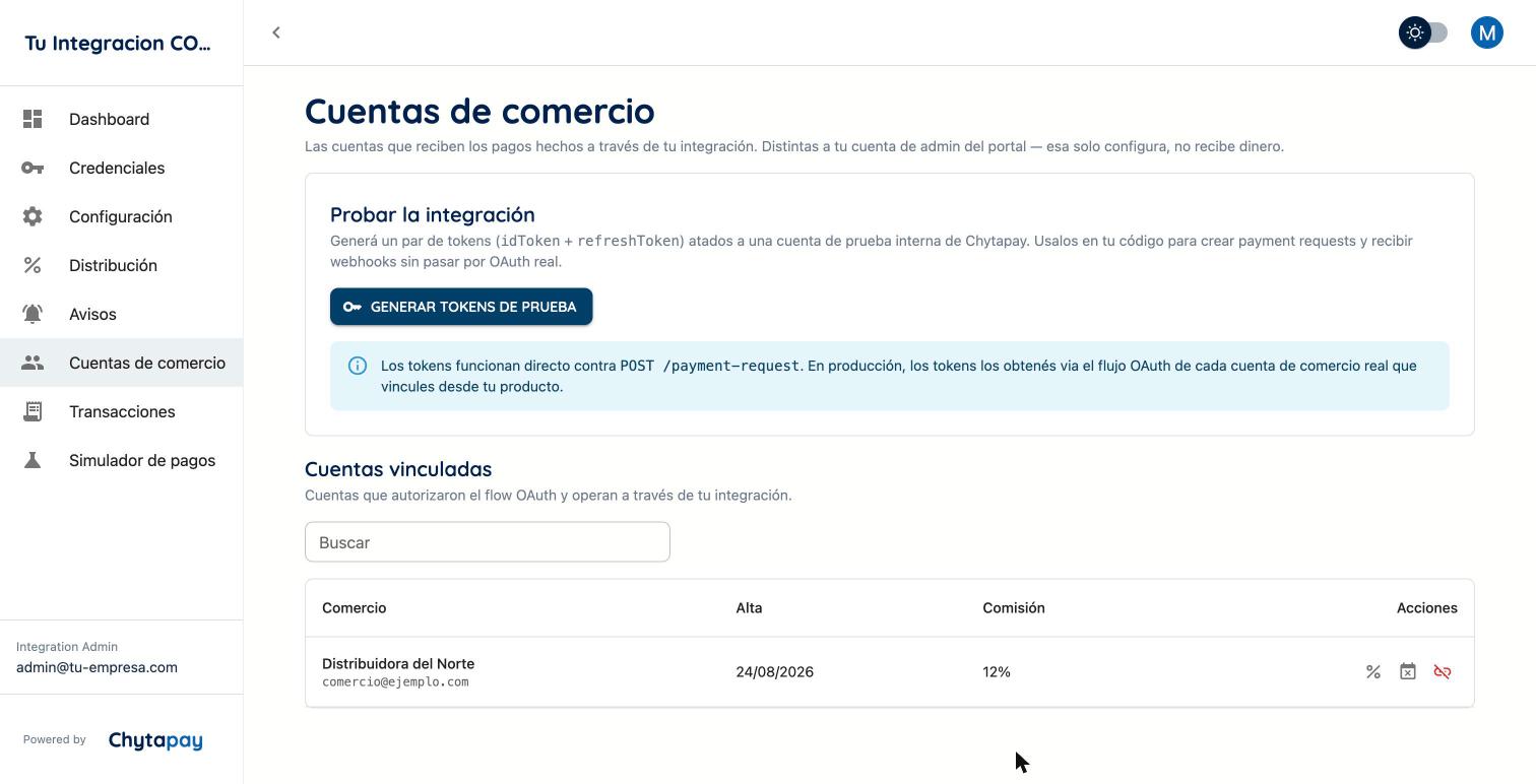 Pantalla Cuentas de comercio: una tabla con el comercio, la fecha de alta, la columna Comisión y los íconos de acción.