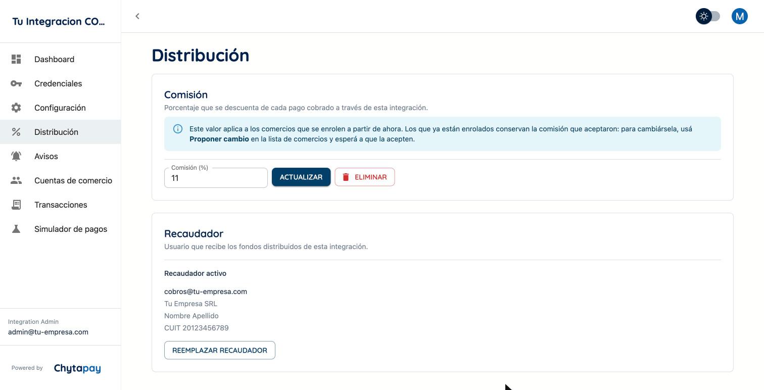 Pantalla Distribución del Portal: el campo Comisión (%) arriba y el bloque Recaudador con una cuenta activa abajo.