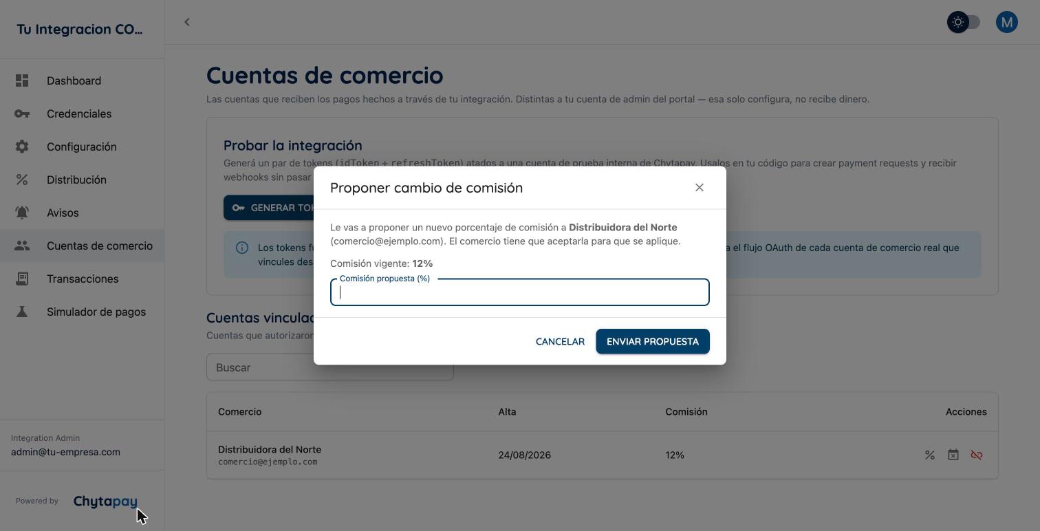 Diálogo "Proponer cambio de comisión" del Portal, con la comisión vigente del comercio y un campo para la comisión propuesta.